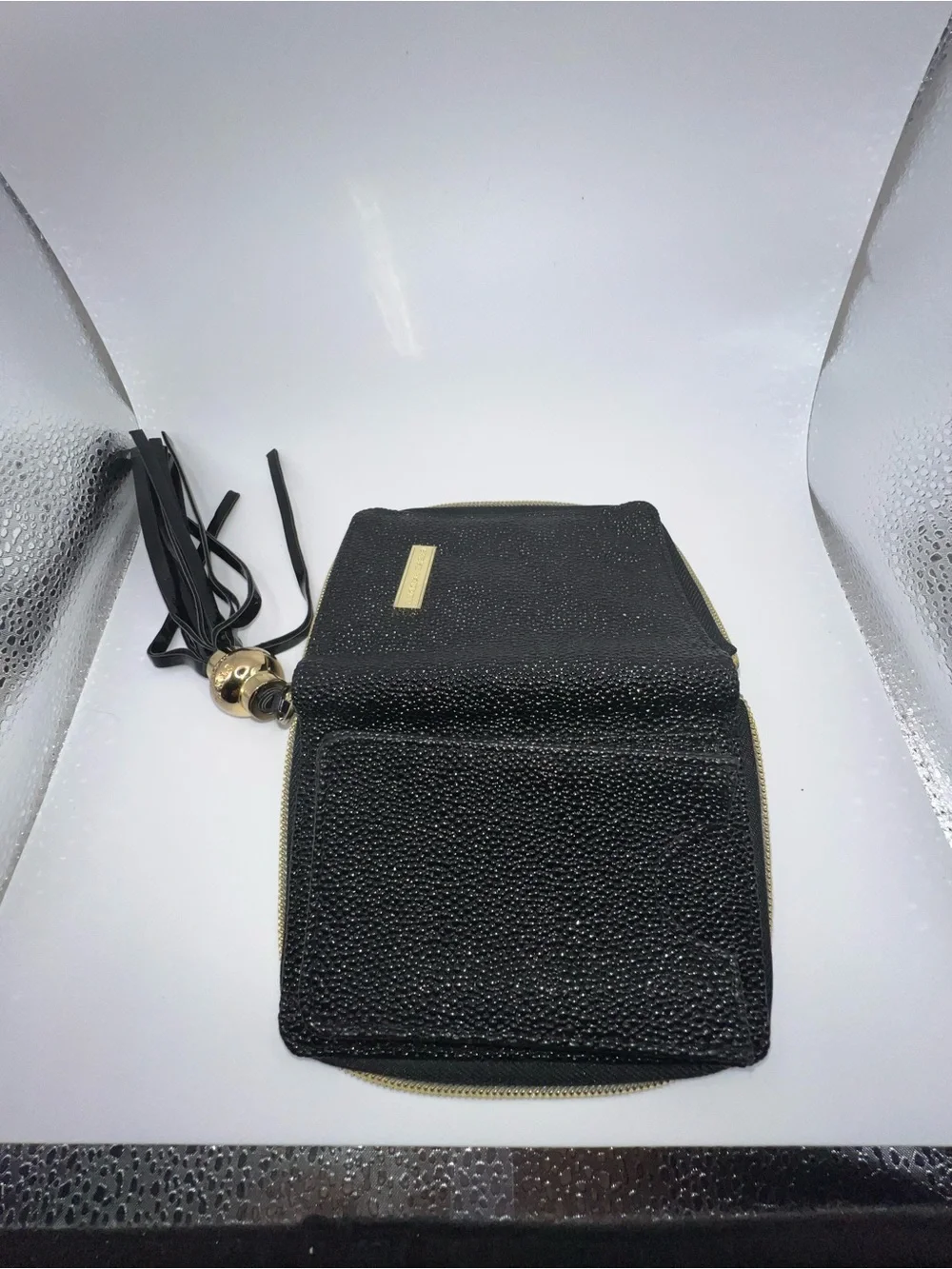Steve Madden Black Glitter Zip Wallet with Tassel